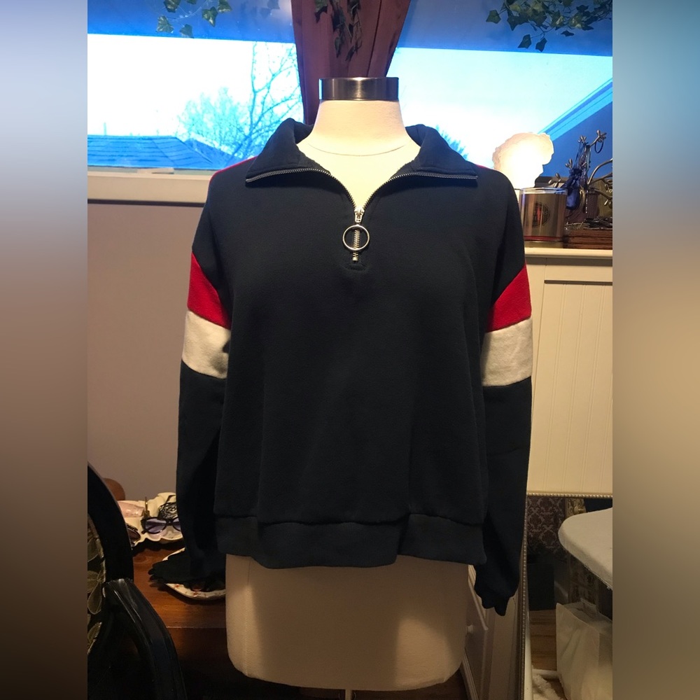 Reflex Cropped Quarter Zip Stripe Pullover Sweatshirt Top Black Red White
